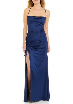 Women's Spaghetti Strap Cowl Neck Side Ruched Solid Satin Slim Gown