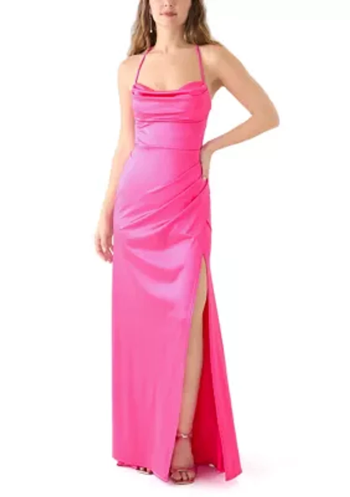 Women's Sleeveless Cowl Neck Solid Satin Gown