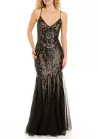 B. Darlin Women's V-Neck Spaghetti Strappy Back Placed Sequin Sheath Gown