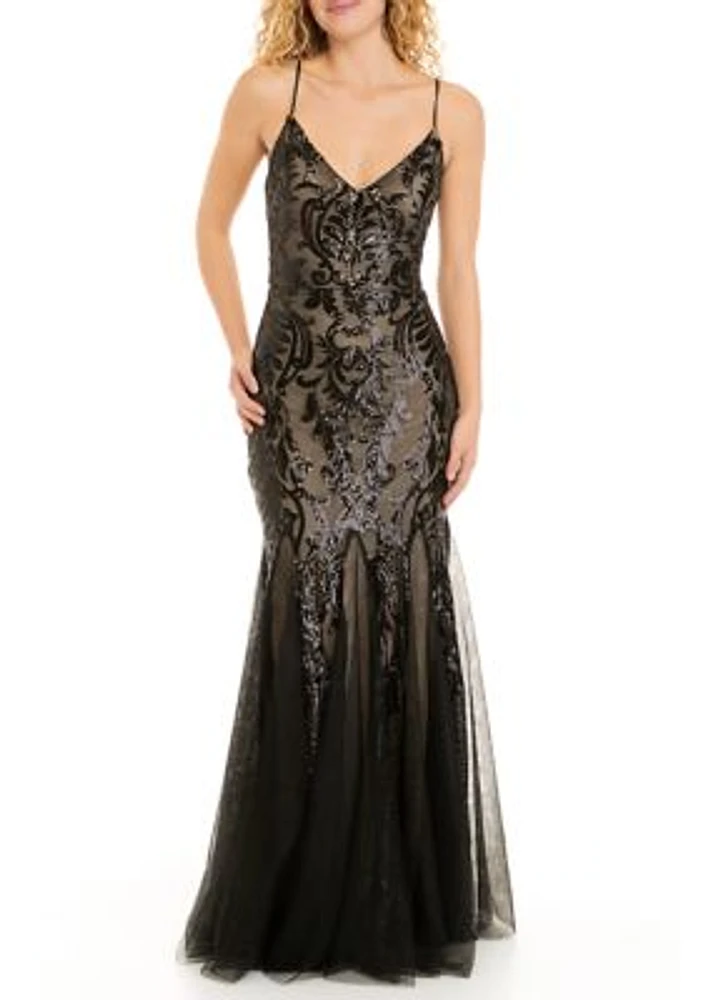 Women's V-Neck Spaghetti Strappy Back Placed Sequin Sheath Gown