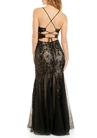 Women's V-Neck Spaghetti Strappy Back Placed Sequin Sheath Gown