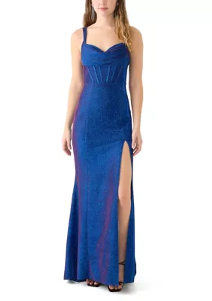 Women's Sleeveless Cowl Neck Glitter Corset Gown