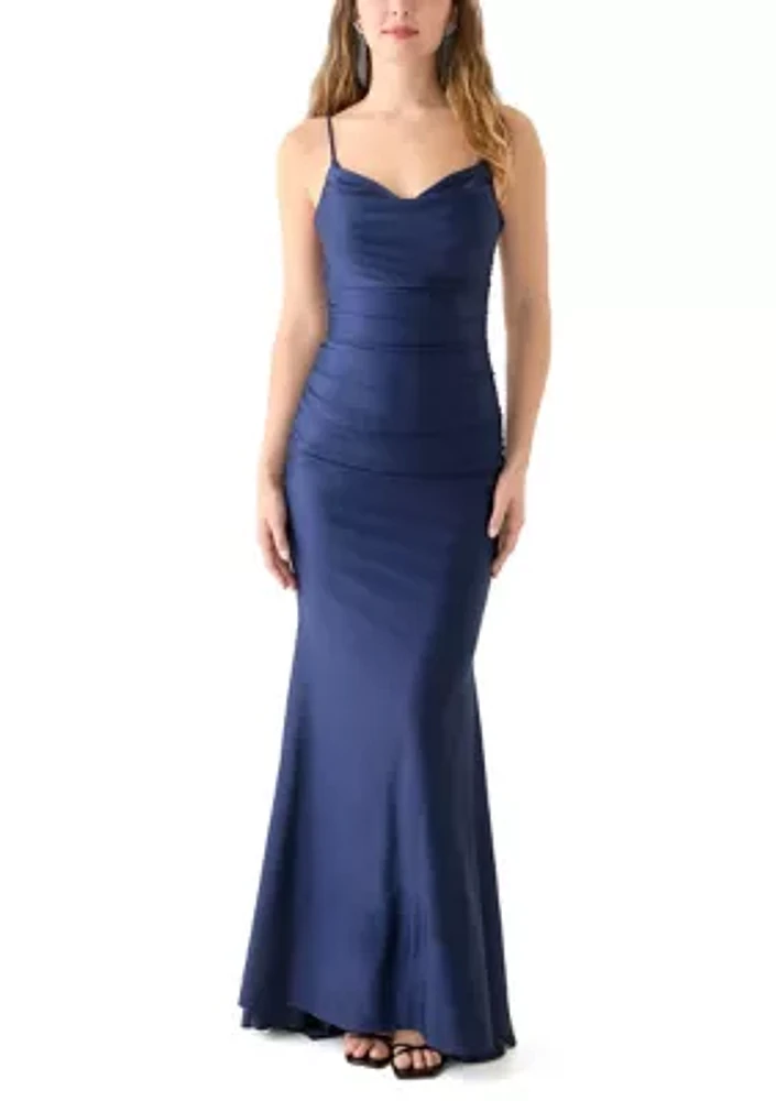 Women's Sleeveless Square Neck Solid Satin Slim Gown