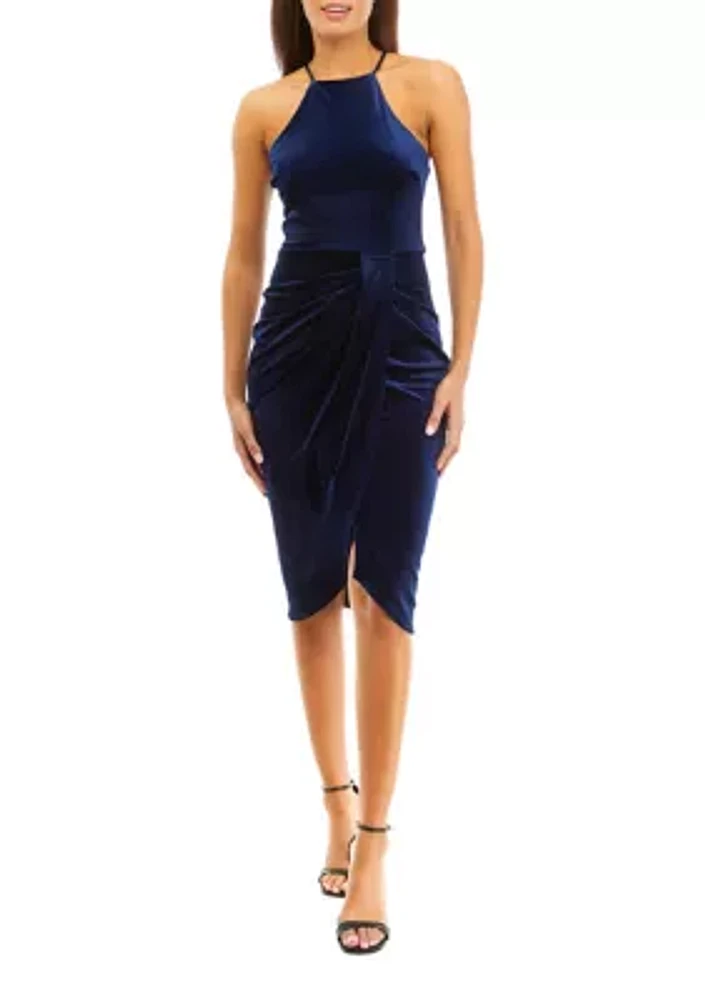 Women's Sleeveless Halter Solid Velvet Sheath Dress