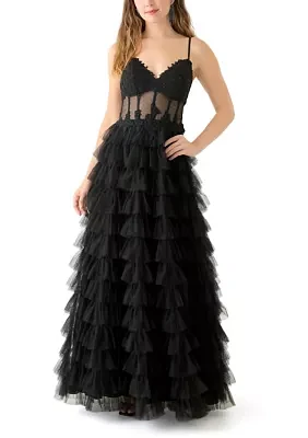 Women's Sleeveless Scoop Neck Ruffle Gown