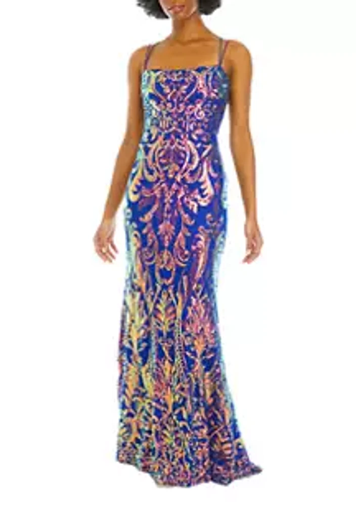 B. Darlin Women's Sleeveless Square Neck Pattern Sequin Slim Gown