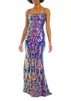 B. Darlin Women's Sleeveless Square Neck Pattern Sequin Slim Gown