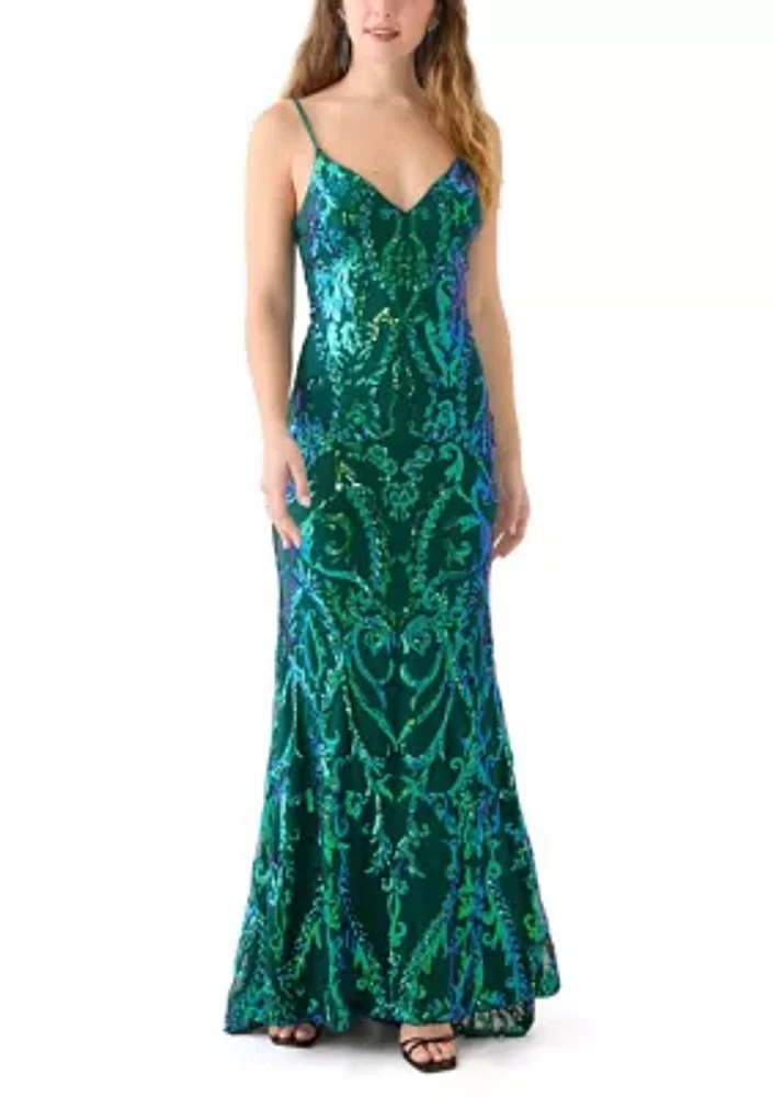 Women's Sleeveless V-Neck Sequin Mesh Gown