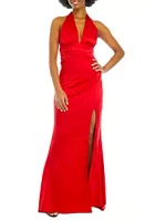 B. Darlin Women's V-Neck Halter Satin Slim Gown