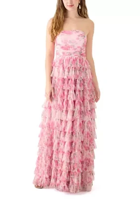 Strapless Printed Mesh Gown