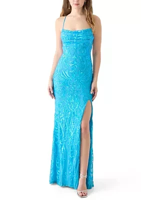 Women's Sleeveless Scoop Neck Sequin Slim Gown