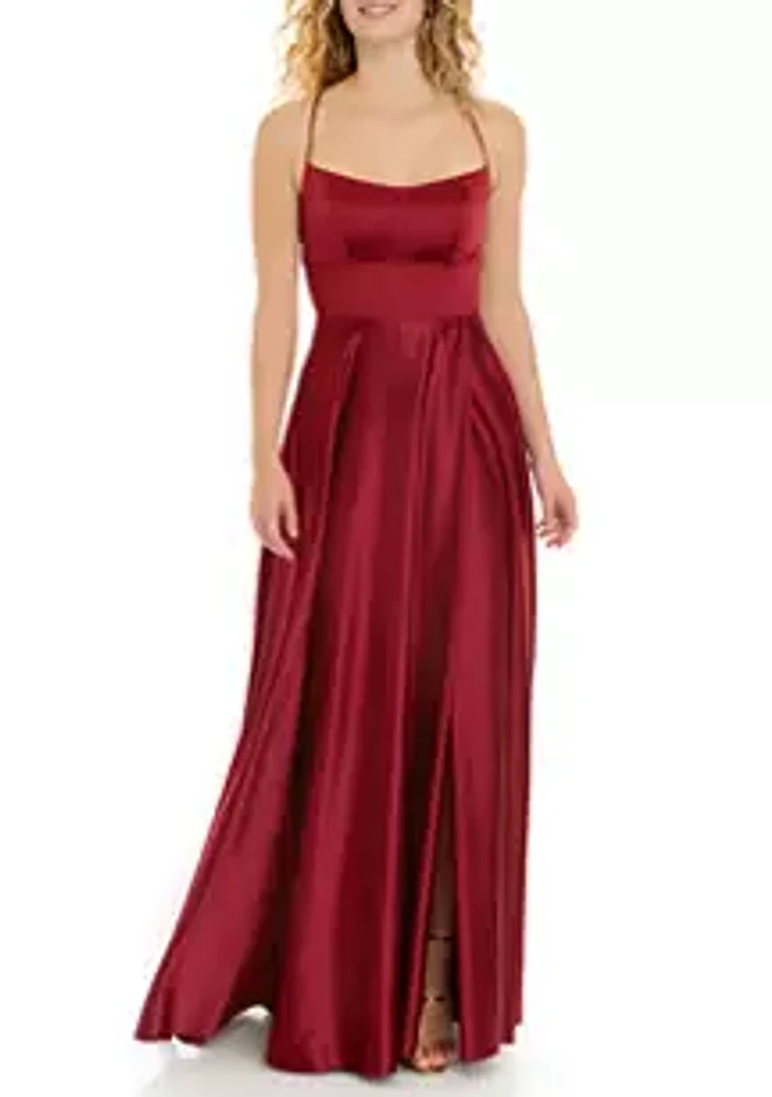 B. Darlin Women's Spaghetti Strap Scoop Neck Strappy Back Fit and Flare Gown