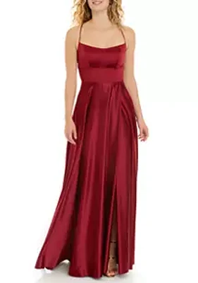 B. Darlin Women's Spaghetti Strap Scoop Neck Strappy Back Fit and Flare Gown