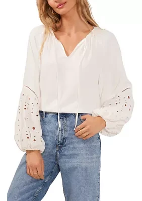 Women's Lace Trim Blouson Sleeve Blouse