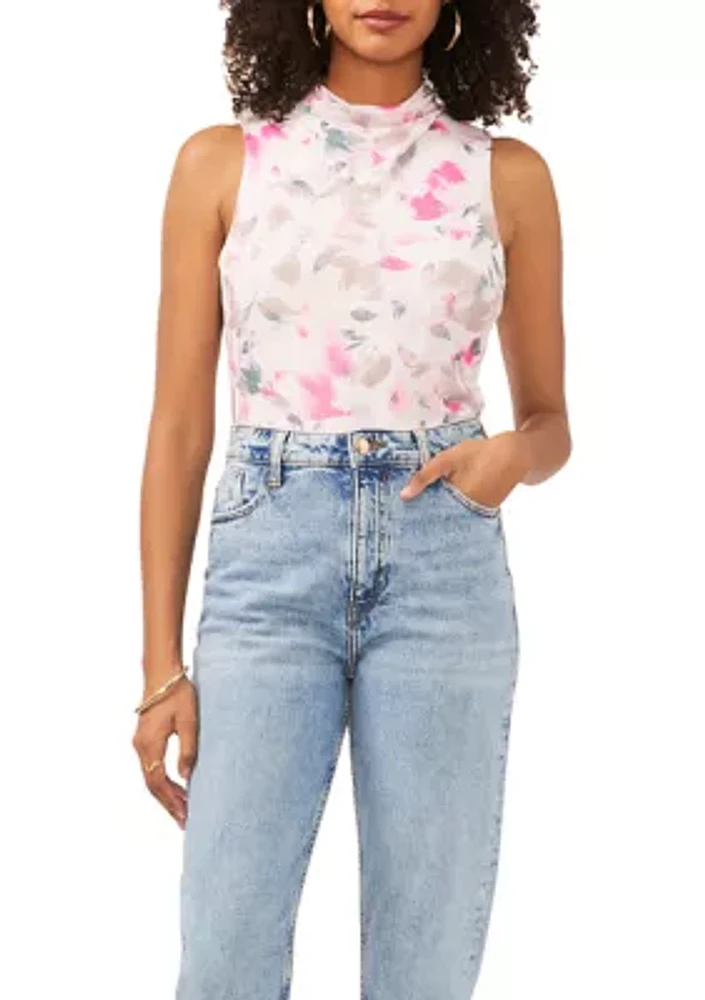 Women's Sleeveless Floral Cowl Neck Mesh Top