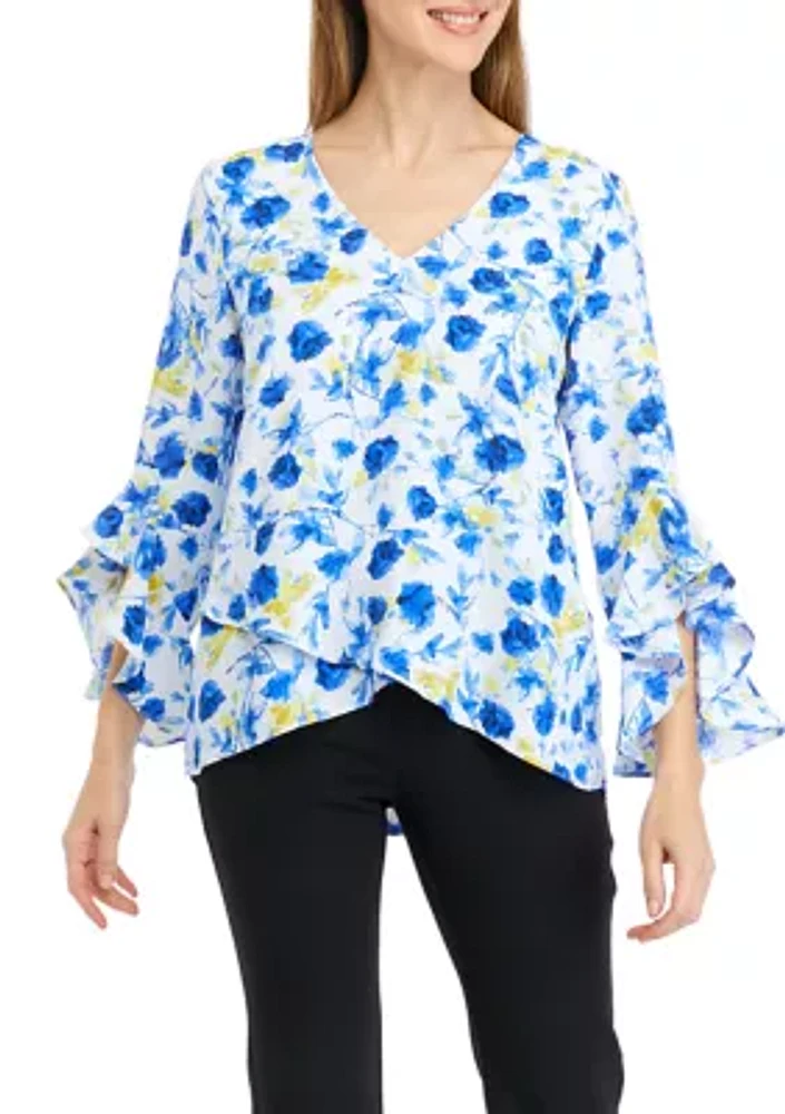 Women's 3/4 Ruffle Sleeve Floral V-Neck Blouse