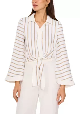 Women's Flare Sleeve Striped Tie Front Top