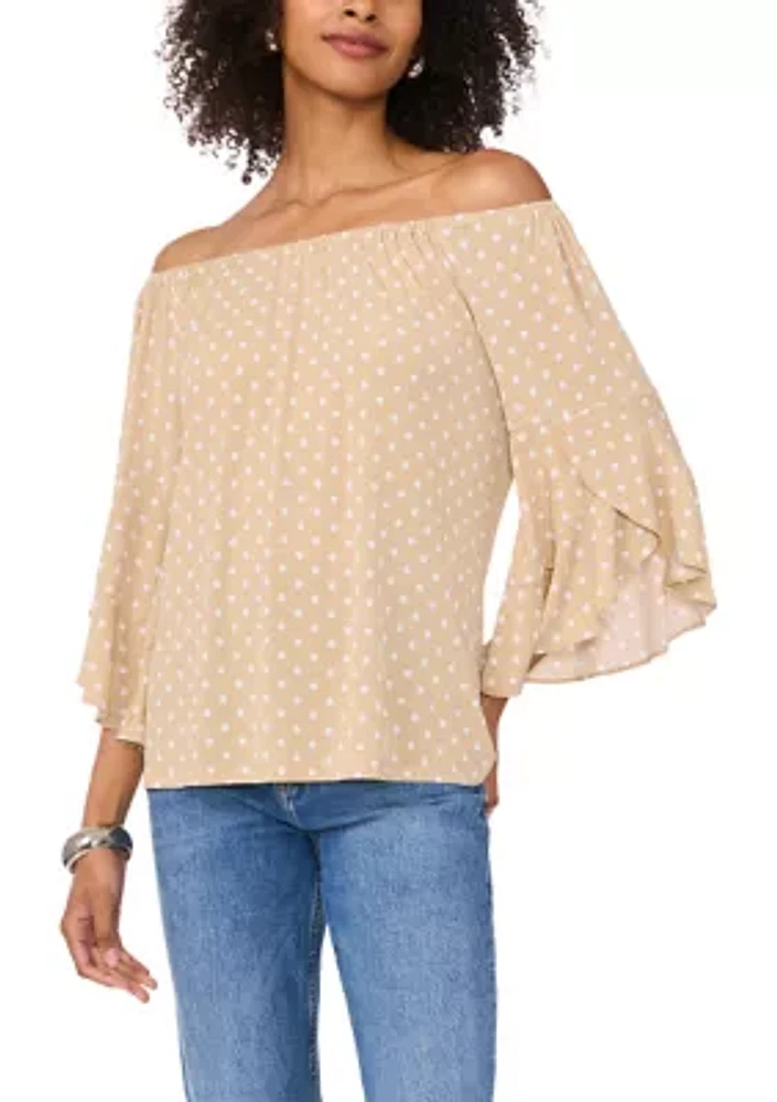 Women's Flutter Sleeve Off the Shoulder Dot Top