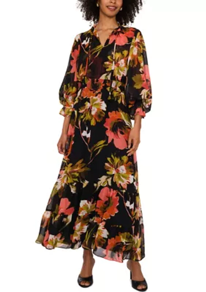 Women's Blouson Sleeve Floral Midi Dress