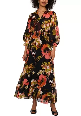 Women's Blouson Sleeve Floral Midi Dress