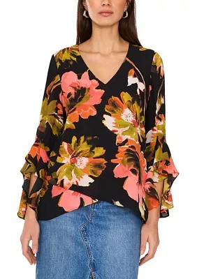 Women's 3/4 Ruffle Sleeve V-Neck Blouse