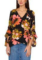 Women's 3/4 Ruffle Sleeve V-Neck Blouse