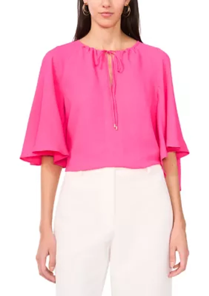 Women's Flutter Sleeve Tie Neck Solid Blouse