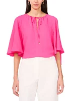 Women's Flutter Sleeve Tie Neck Solid Blouse