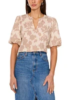 Women's Puff Sleeve Floral Split Neck Blouse