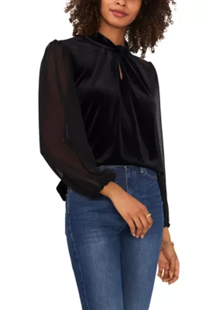 Women's Woven Long Sleeve Mock Neck Velvet Top