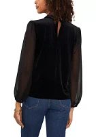 Women's Woven Long Sleeve Mock Neck Velvet Top