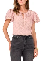 Women's Ruffle Sleeve Burnout Keyhole Blouse