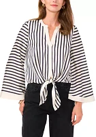 Women's Flare Sleeve Striped Tie Front Blouse
