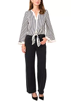 Women's Flare Sleeve Striped Tie Front Blouse