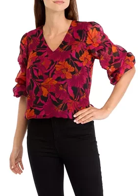 Women's Bubble Sleeve Floral Blouse