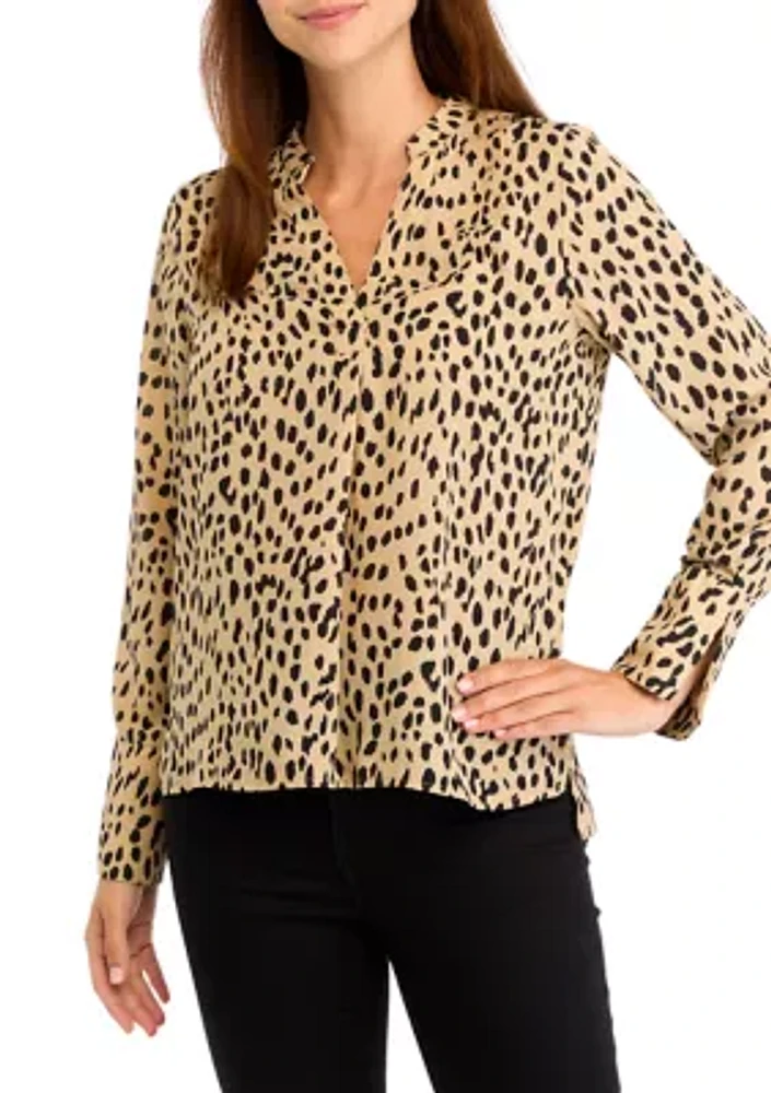 Women's Long Sleeve Split Neck Animal Print Blouse