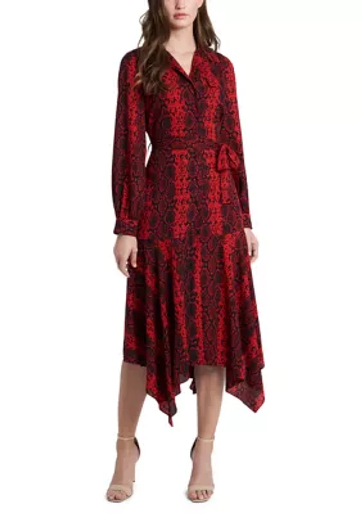 Women's Long Sleeve Printed Asymmetrical Hem Shirtdress