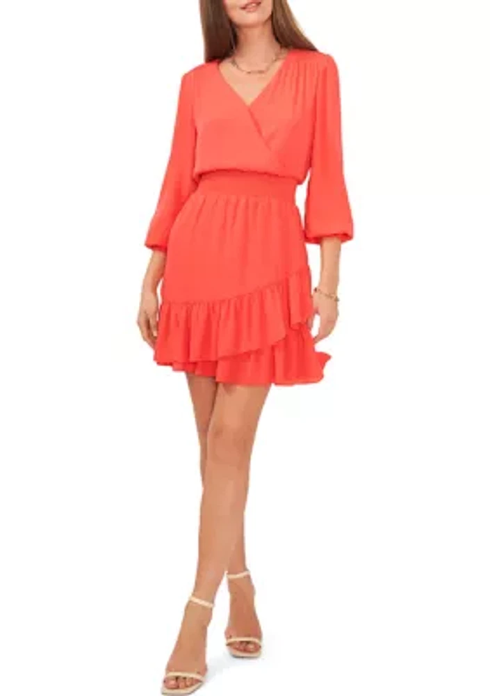 Women's V-Neck Overlap Dress with Smocking