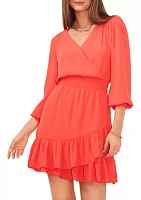 Women's V-Neck Overlap Dress with Smocking