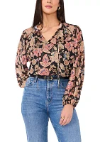 Women's Long Sleeve Tie Neck Floral Blouse