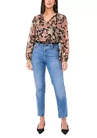 Women's Long Sleeve Tie Neck Floral Blouse