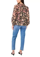 Women's Long Sleeve Tie Neck Floral Blouse