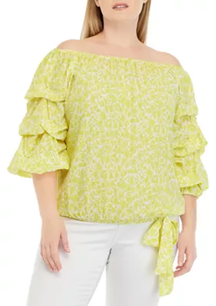 Plus Off the Shoulder Bubble Sleeve Blouse with Tie