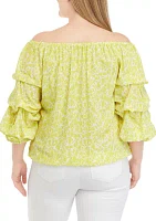 Plus Off the Shoulder Bubble Sleeve Blouse with Tie