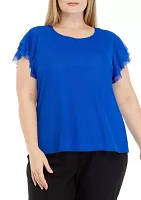 Plus Crew Neck Blouse with Flutter Sleeves