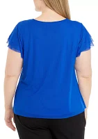 Plus Crew Neck Blouse with Flutter Sleeves