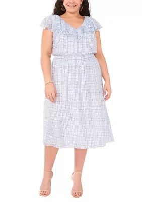 Plus V-Neck Smocked Waist Midi Dress with Ruffles