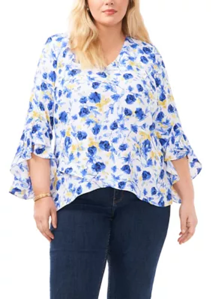 Plus V-Neck Blouse with Double Layer Hem