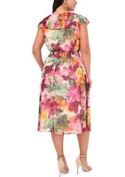 Plus V-Neck Printed Smocked Waist Midi Dress