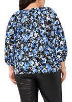 Plus Printed V-Neck Long Sleeve Woven Blouse